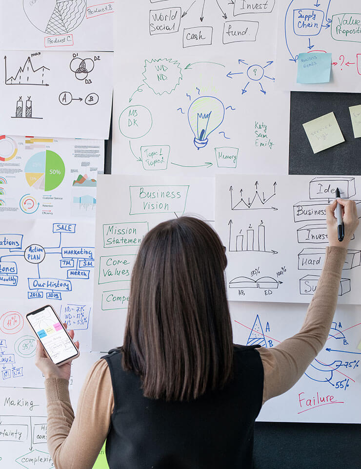 Business consultant from business consulting company drawing on white board